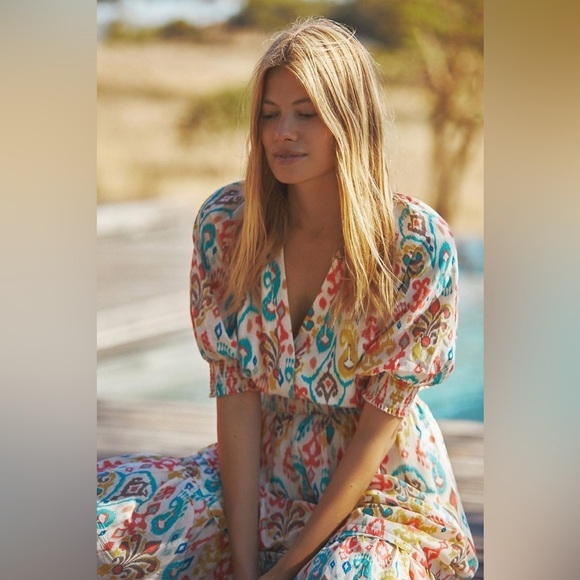 Anthropologie Felipa Maxi Dress Tiered Hem Puff Sleeve Influencer Fave Pockets - Picture 5 of 13